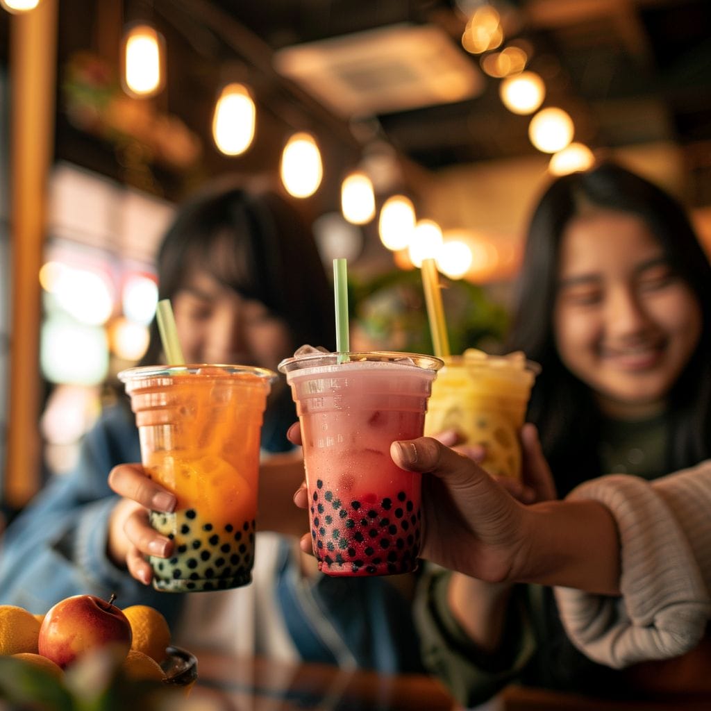a group of friends at a boba tea bar