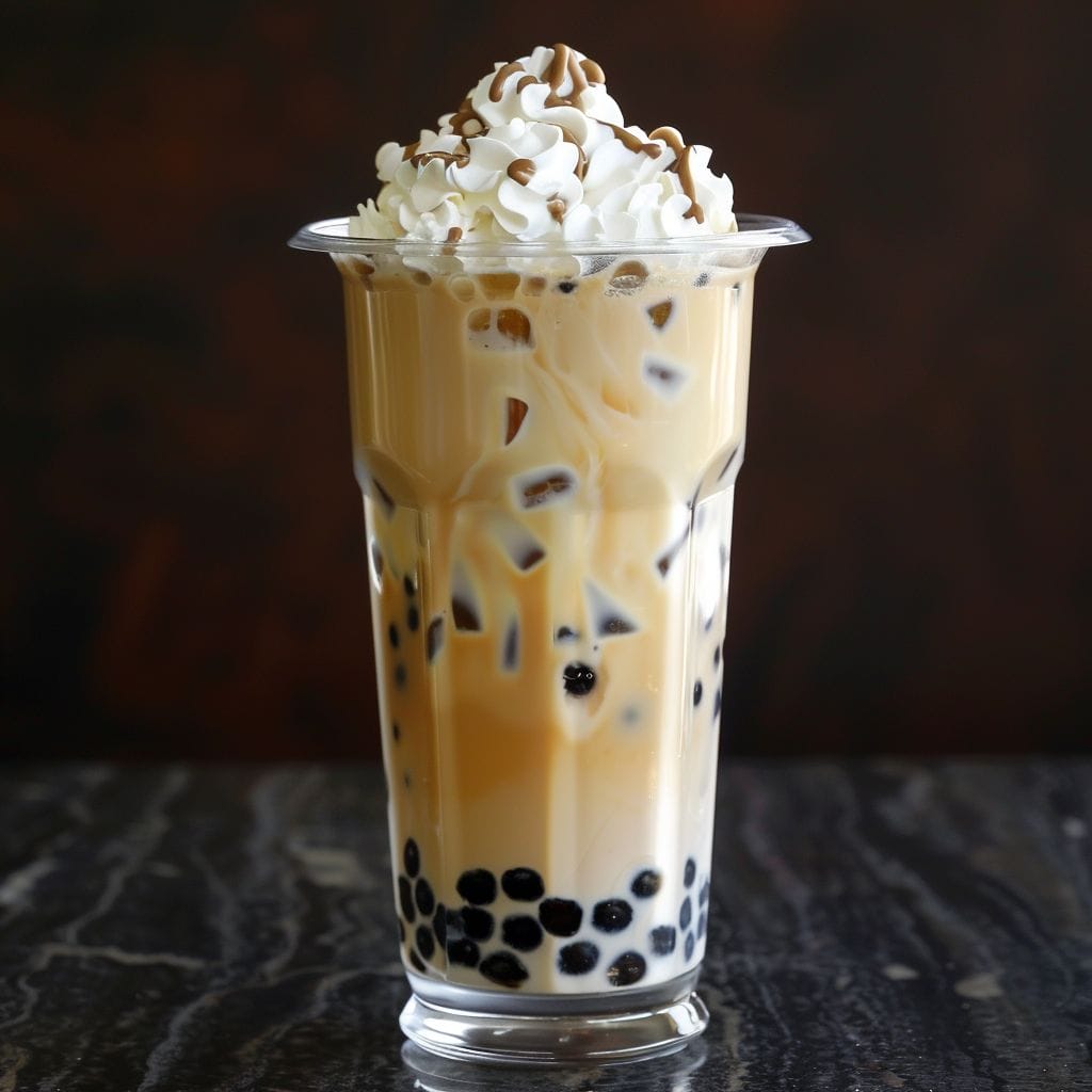 a tall glass of milky boba tea with tapioca