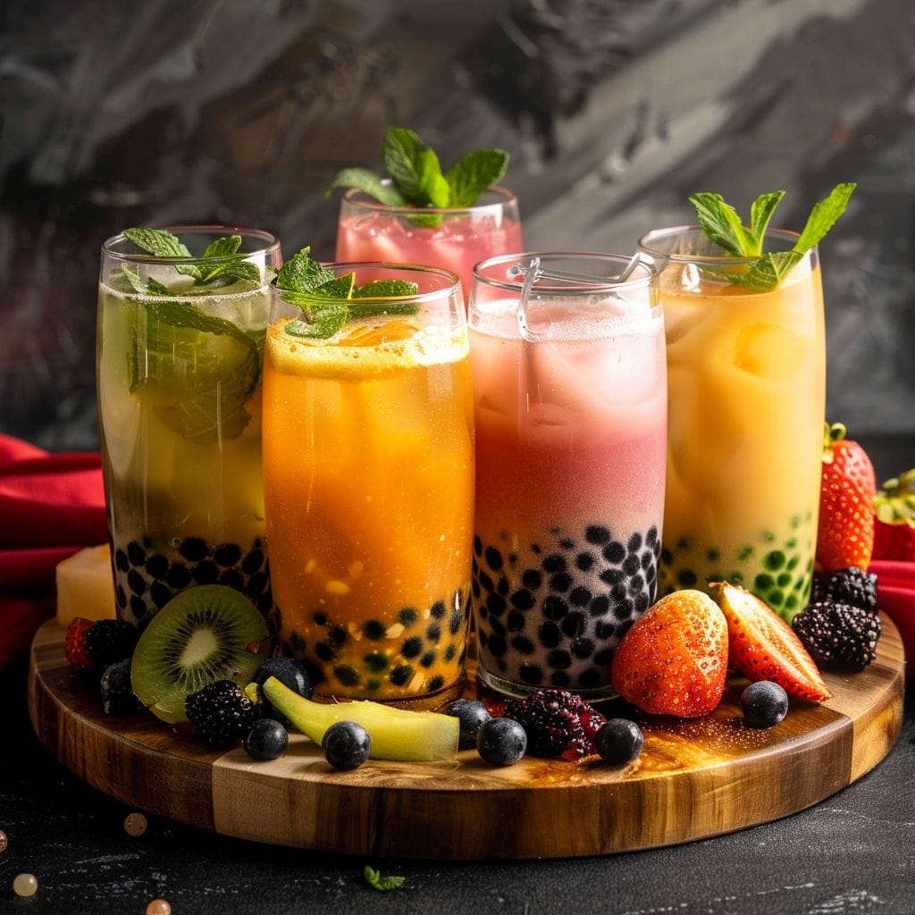 multiple glasses of various types of boba tea