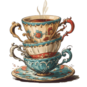 Three ornate teacups with floral designs stacked on a saucer, the top cup filled with steaming tea.