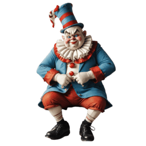 A clown in a blue and red outfit with a tall hat and ruffled collar, frowning while crouching.