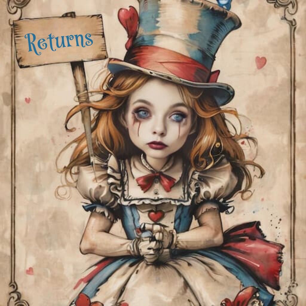 Illustration of a girl in a colorful top hat and dress, holding a sign that says "Returns." She has blue eyes and red marks on her cheeks, with a background of hearts.