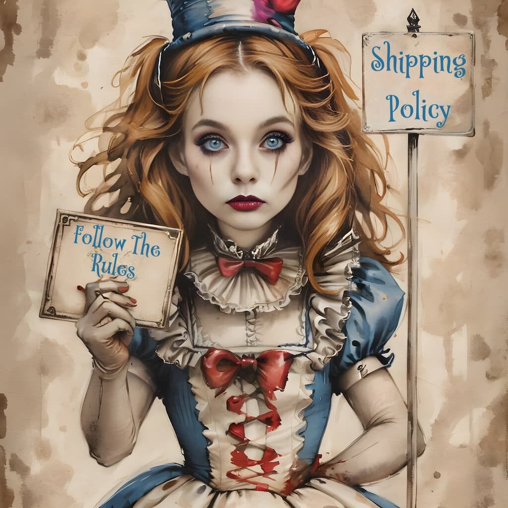 A girl in vintage attire holds signs saying "Shipping Policy" and "Follow The Rules." Her makeup is dramatic with red lipstick and blue eyeshadow.