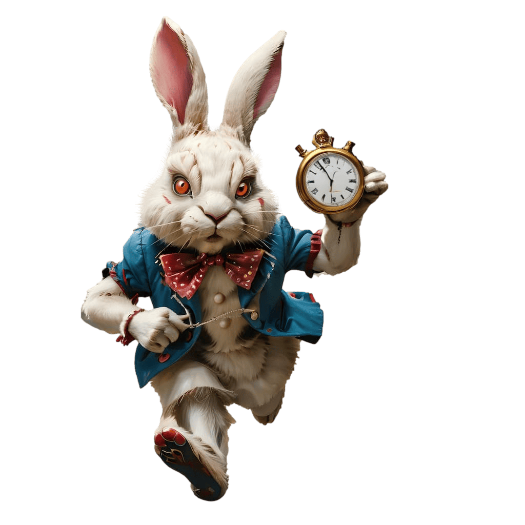 Anthropomorphic white rabbit in a blue coat holding a pocket watch, appearing to be running forward.