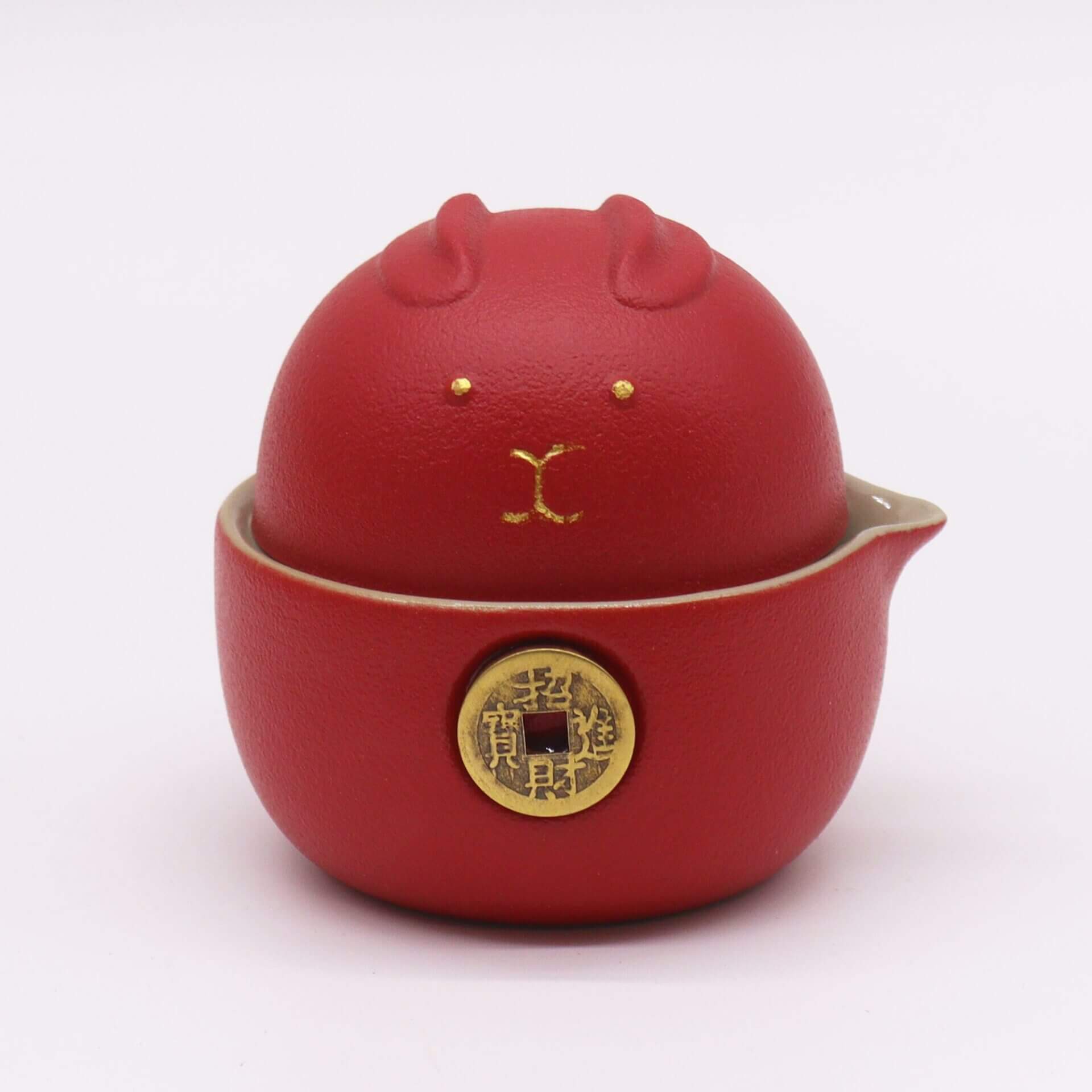 Money Cat Teapot Set – Two Cups – Travel Pack – Red