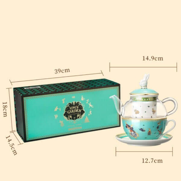 Turquoise tea set with floral designs, teapot stacked on a cup, next to a matching box labeled "Wing's Garden." Dimensions noted are 39cm box, 14.9cm teapot height, 12.7cm saucer width.