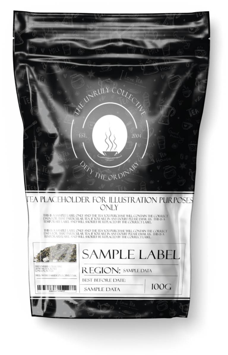 Explore our Almond Cherry Rooibos Tea packaging with decorative icons and sections for region, best before date, and weight (100g). Enjoy a unique twist with a hint of cherry flavor.