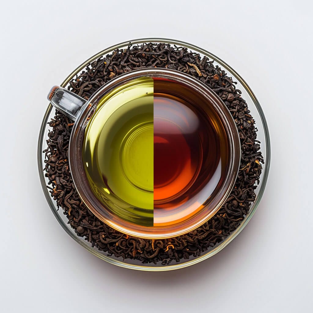 A clear glass cup is filled halfway with green tea and halfway with black tea, placed on a saucer surrounded by loose tea leaves.