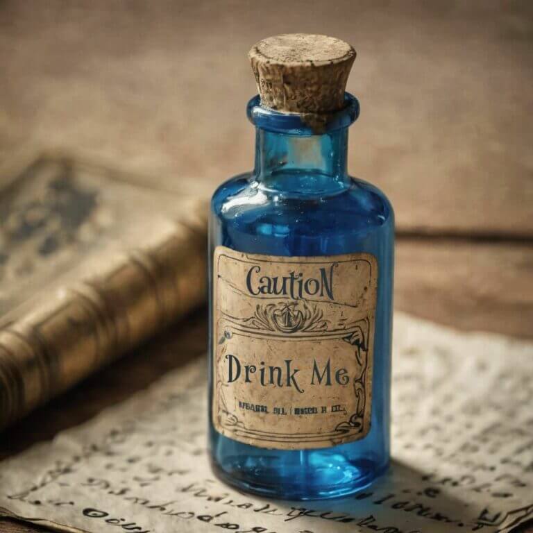 A small blue glass bottle with a cork stopper and a label reading "Caution: Drink Me" sits on handwritten papers next to an old book.