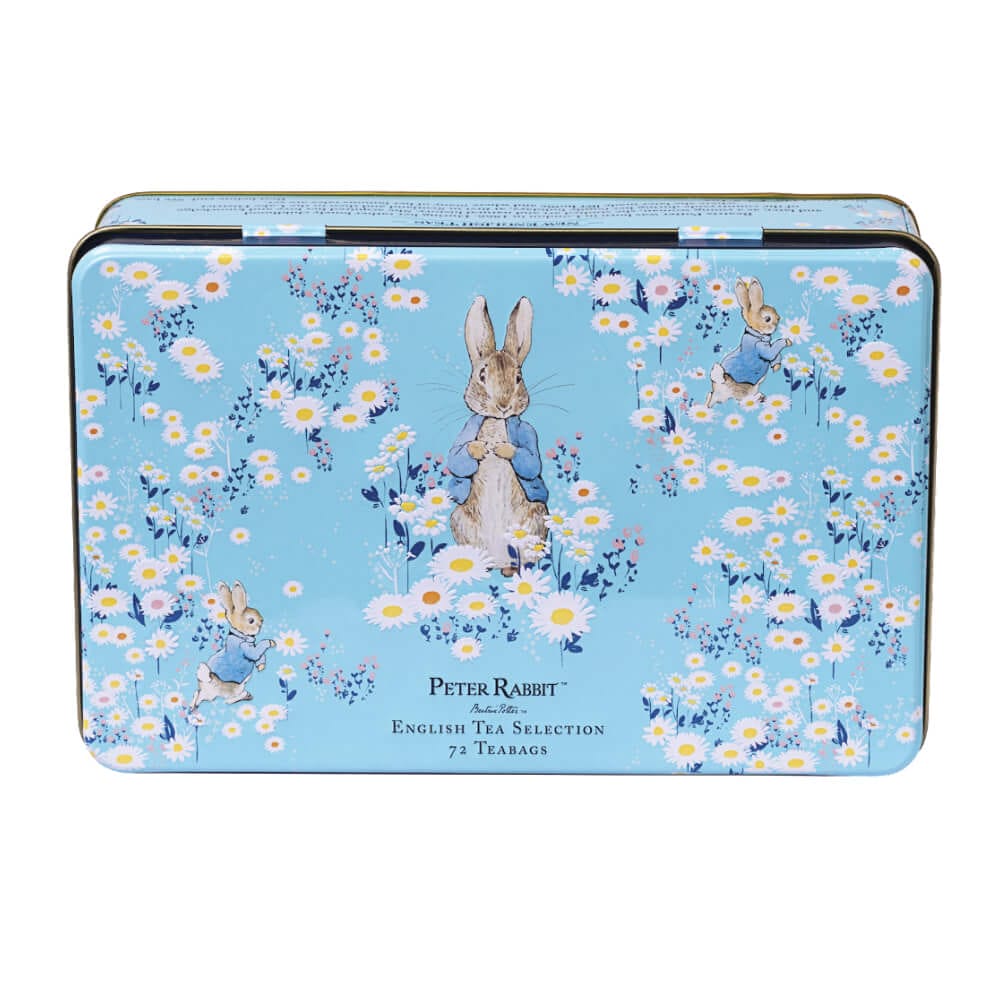 This charming rectangular tin box, named "Beatrix Potter - Daisies," features a serene blue background with rabbits and flowers design. It offers an exquisite English tea selection with 72 delightful teabags for your enjoyment.