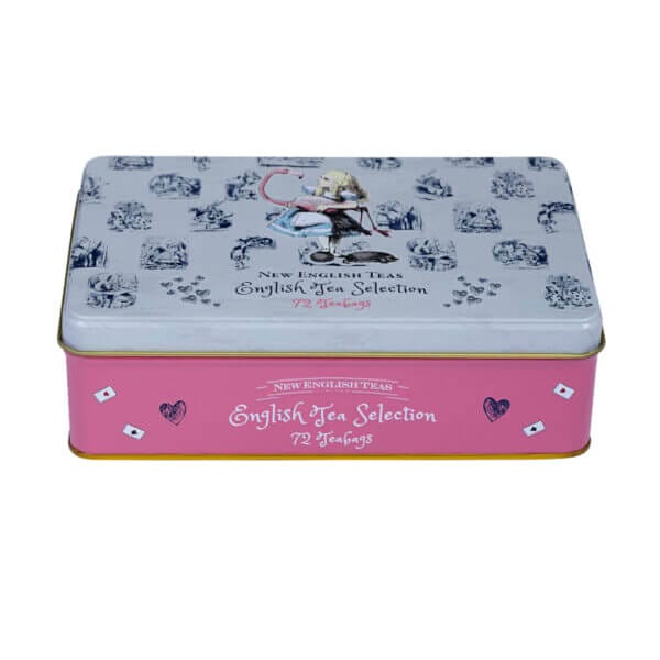 The whimsical "Alice In Wonderland - Traditional (Pink) - 72 Teabag Tin" features enchanting illustrations and "New English Teas" branding on the lid, elegantly holding 72 teabags for tea lovers.