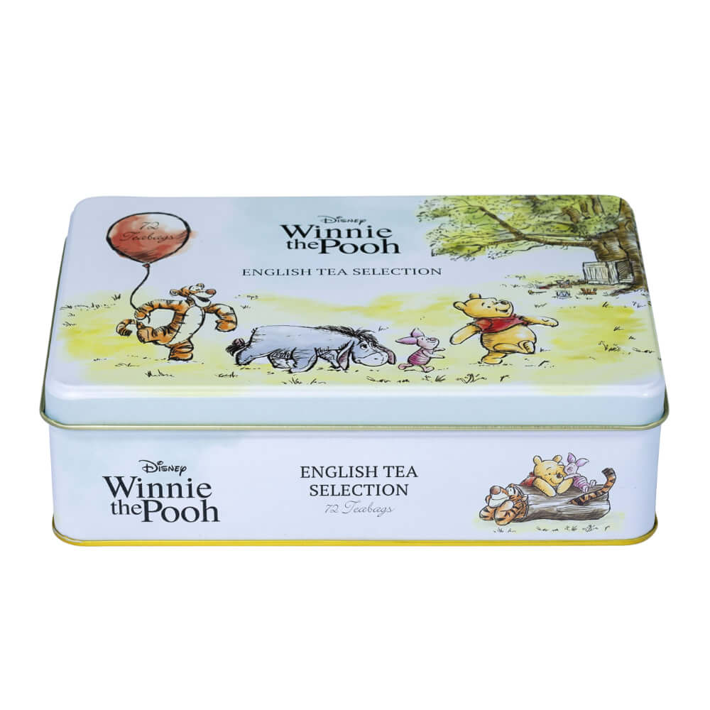 Winnie The Pooh 72 Teabag Tin displays Pooh, Piglet, Eeyore, and Tigger in a pastoral scene. Text reads "Winnie the Pooh English Tea Selection.